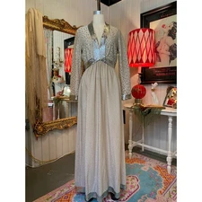 vintage 1970s silver lurex maxi dress sequin hostess gown victor costa holiday m