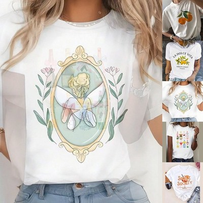 Damen Baumwoll T-Shirt mit Aufdruck Blumen Obst Design Kurzarm Freizeit