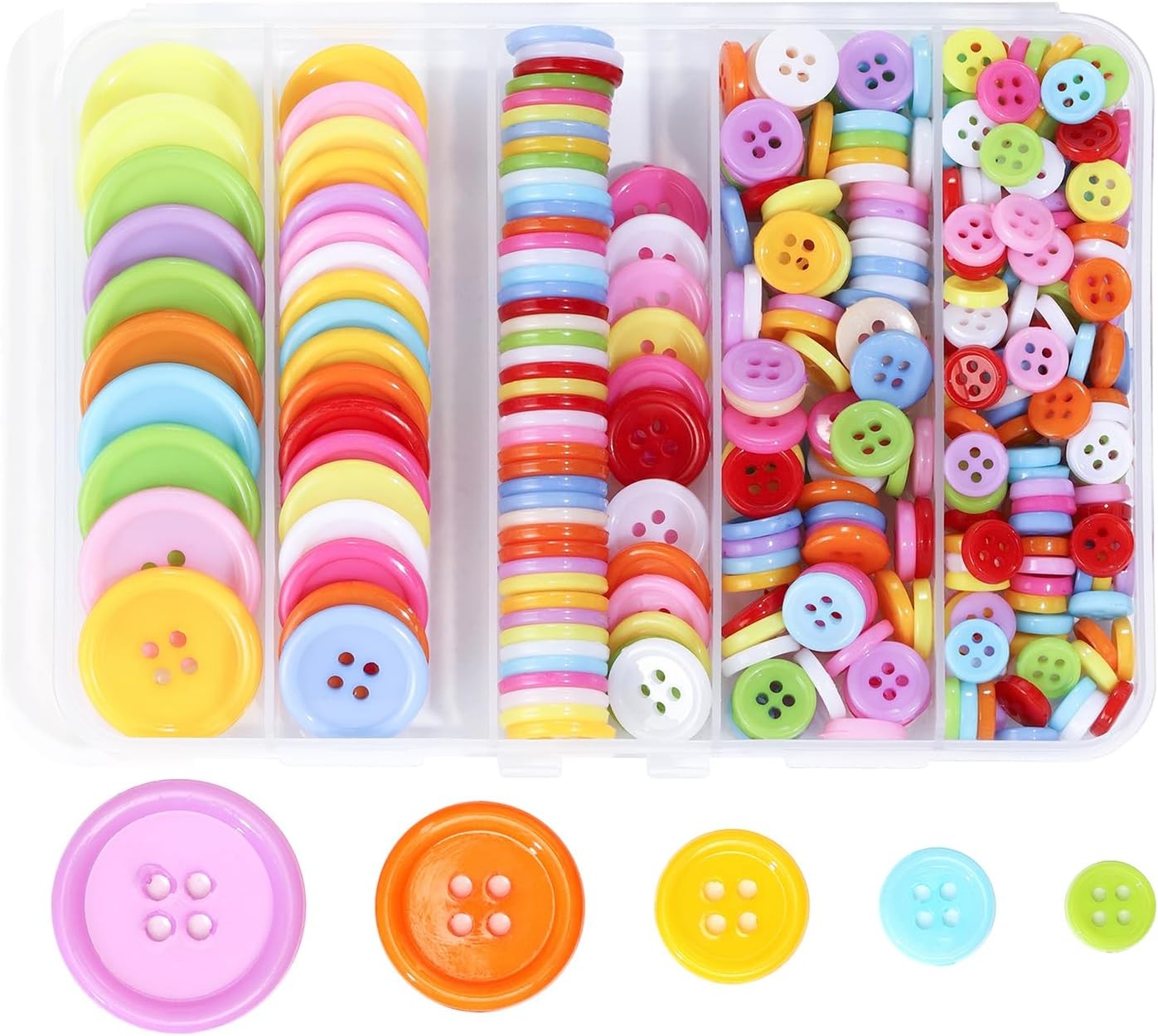 320PCS Colorful Flatback Buttons 4-Hole – 5 Sizes with Storage Box for Crafts