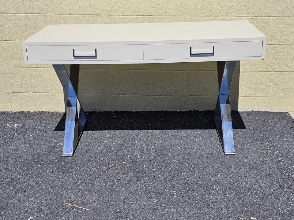 MCM Milo Baughman? Style Campaign Writing Desk White Lacquer & X Chrome Base - Image 3 of 4