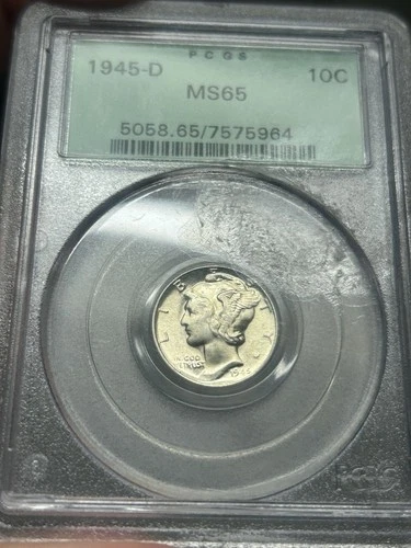 RESIDUE ON SLAB 1945 D Mercury Silver Dime PCGS MS65 OGH Old Green Holder