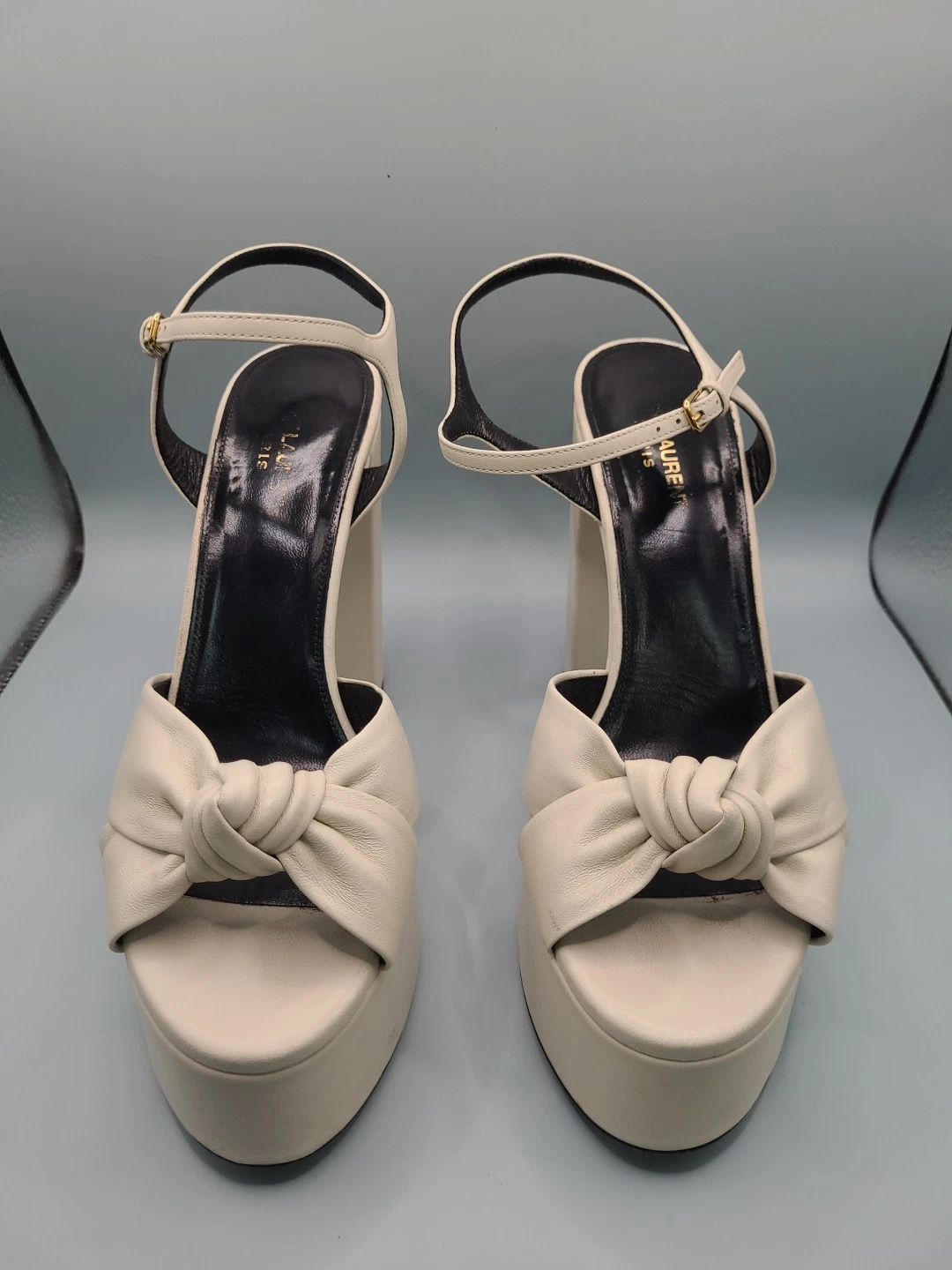 Saint Laurent — Used Saint Laurent Bianca Leather Bow Platform Sandals Size 10 Cream