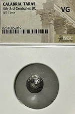 Calabria Taras AR Litra 4th-3rd Centuries BC Shell Dolphin NGC VG