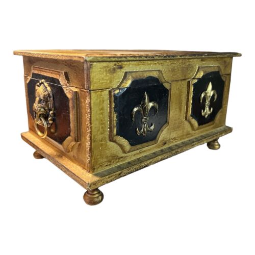Vintage Fleur de lis Wood Jewelry Box Gold and Black Wooden Music Box AS IS