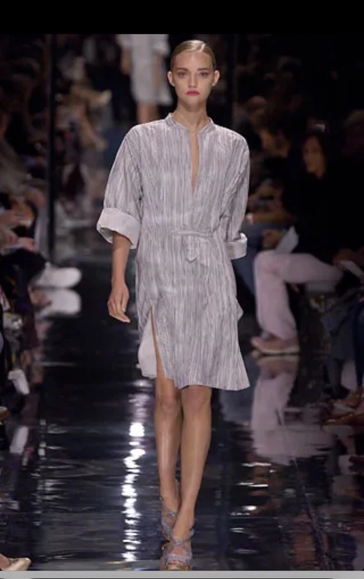 Abito Prada raro primavera 2006 100% seta stampa blu grigio camicia abito a pieghe ottime condizioni