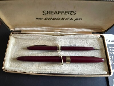 50er Jahre Box Sheaffer Schnorchel Füllfederhalter & Bleistift in Burgund & Gold. 14kt Feder