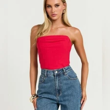 Showpo SIZE 4 Marcelle Strapless Cowl Neck Corset Satin Top in Red