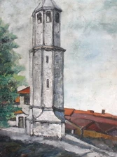 Vintage impressionist oil painting landscape tower signed