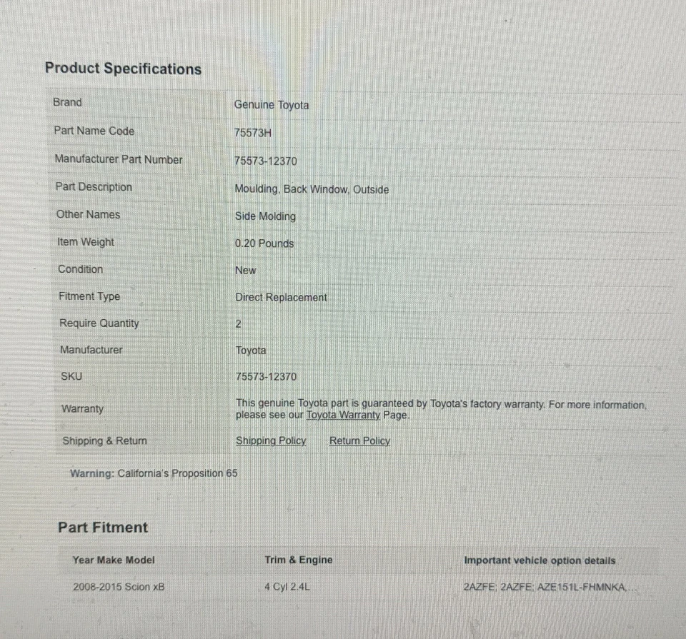 Puerta levadiza SCION xB 2008-2015 puerta trasera moldura lateral Toyota OEM # 75573-12370  Foto 3 de 4