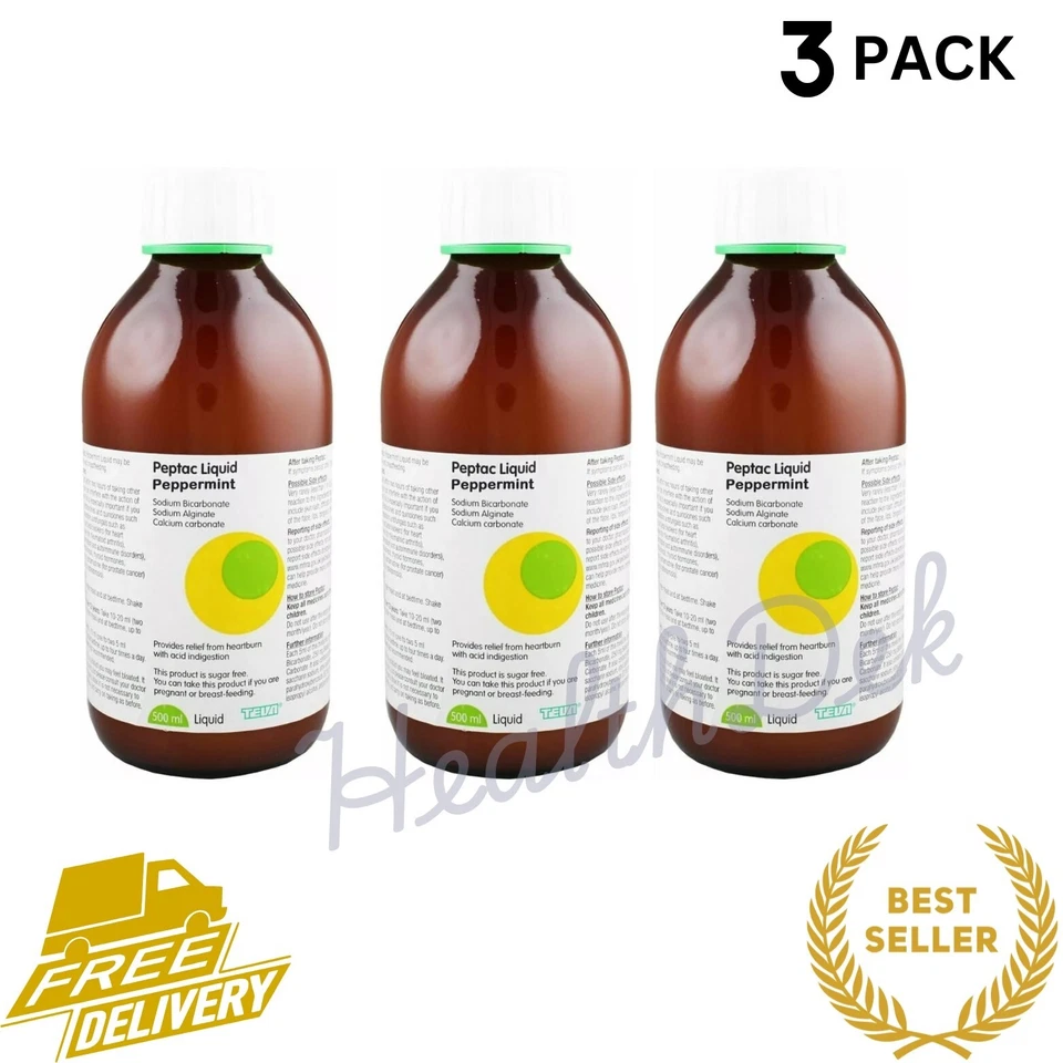 TEVA 3 X Peptac Peppermint Relief Liquid 500ml Heartburn Acid Reflux + Indigestion
