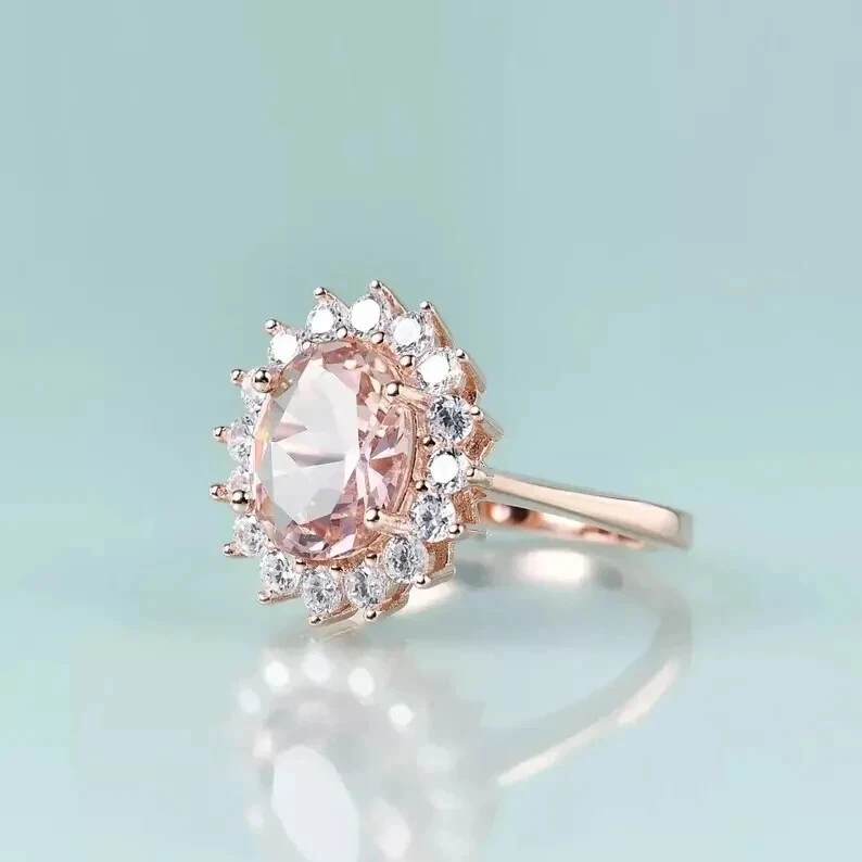 Anillo de compromiso de diamantes morganita natural ovalados de 2,32 quilates de oro amarillo real de 14 quilates 7 8 Foto 2 de 4