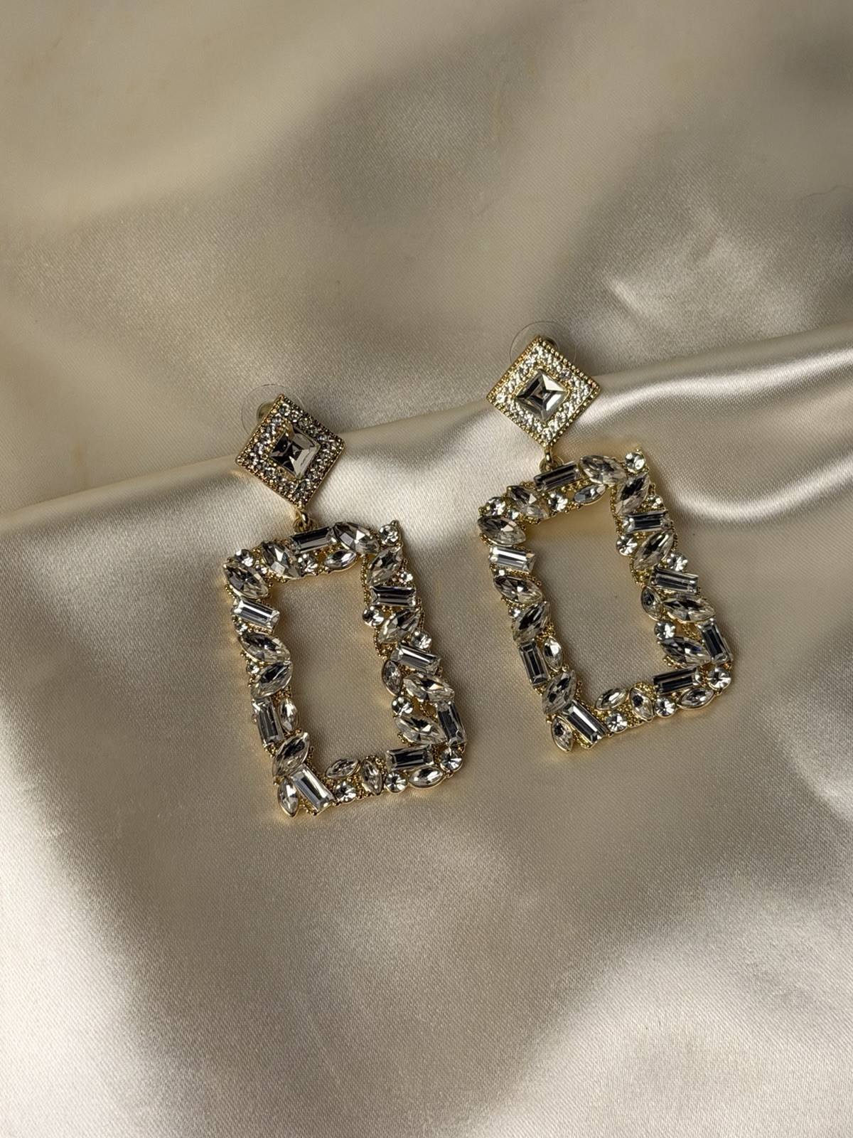 Gold Tone Rectangular Rhinestone Drop Earrings – … - image 22