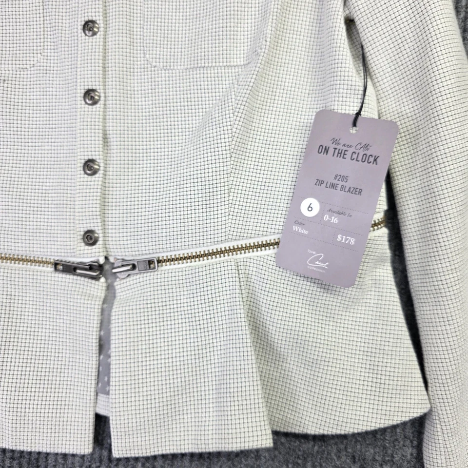 CAbi Carol Anderson Blazer Womens 6 White Black Check Zip Line Peplum Jacket - Image 4 of 4