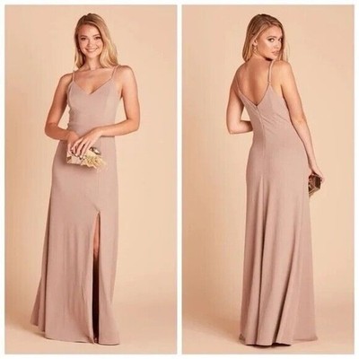 Birdy Grey Jay Maxi Dress Size S Crepe Spaghetti Strap V Neck Slit Taupe NWT