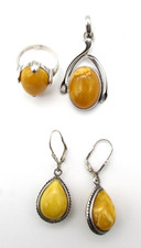 Vintage Sterling Silver Butterscotch Egg Yolk Amber Ring, Earrings  Pendant Set