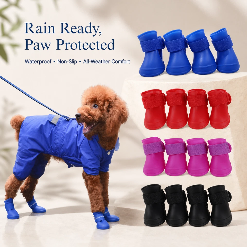 Dog Rain Boots 4Pcs Waterproof Anti-Slip Rubber Ankle Shoes Small Med Large - Image 2 of 4
