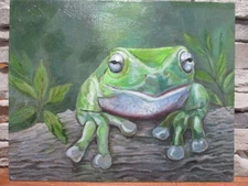 Colorful Green Tree Frog  Pop Art  Acrylic Paint 8”x10” Cute on log Rain forest 