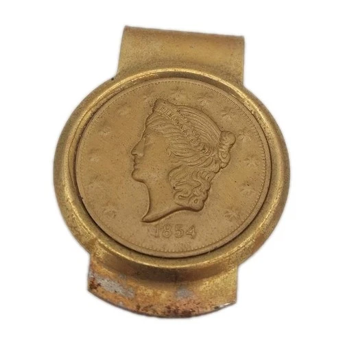 Kellogg & Co. Liberty Head 1854 Coin Vintage Gold Tone Money Clip Bill Holder