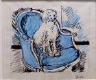TABLEAU DESSIN ANCIEN CHIEN CANICHE SUR LE FAUTEUIL BLEU SIGNE MONOGRAMME