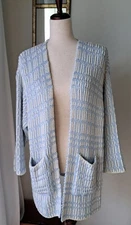 VTG Vango Paris Cardigan Sweater Heavy Knit Open Front Blue White Approx. Sz L