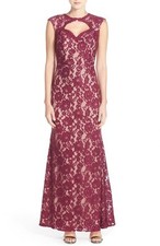 XSCAPE PEEKABOO CUTOUT A-LINE LACE WINE/NUDE GOWN DRESS sz 4P