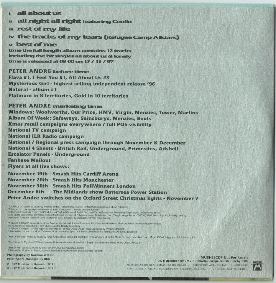 PETER ANDRE - CD - Time 5 Track album sampler.  Promo Mushroom - Изображение 3 из 3