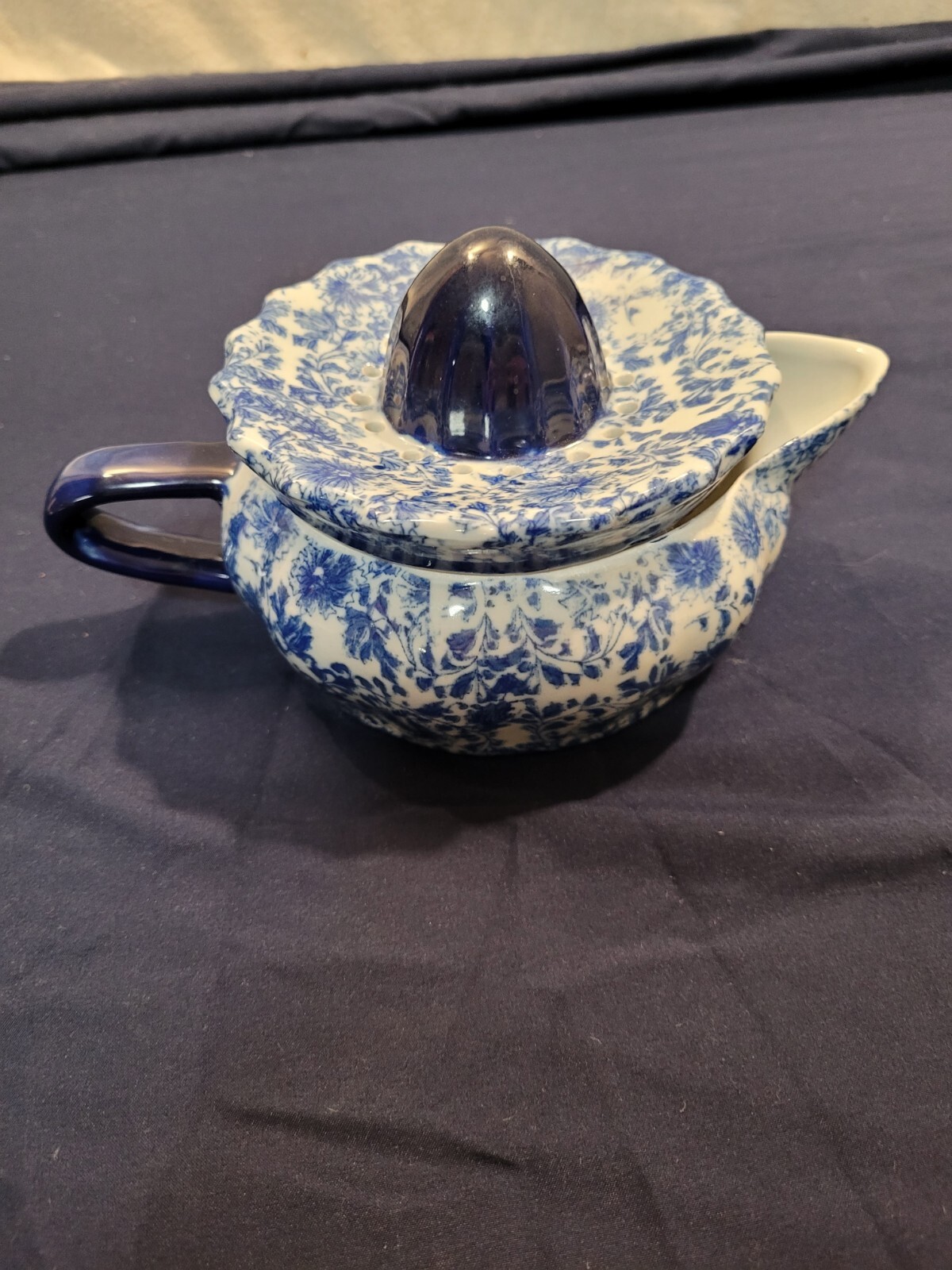 Victoria Ironstone ware Chintz floral Juicer Reamer Flow-Blue white 2 Pc. 4.25"W