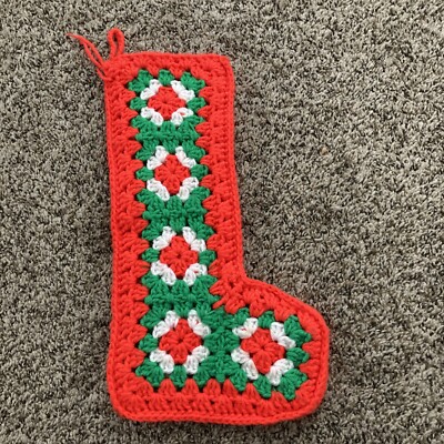 Vintage Hand Crocheted Red White Green Granny Square Christmas Stocking 15 