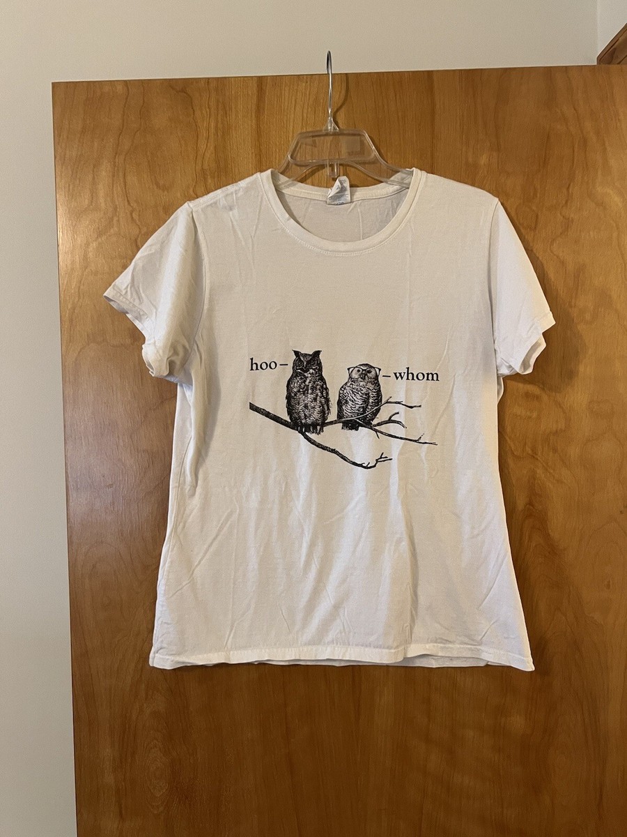 Port Company Owl Graphic White Tee T-Shirt Hoo Whom Humor Owls