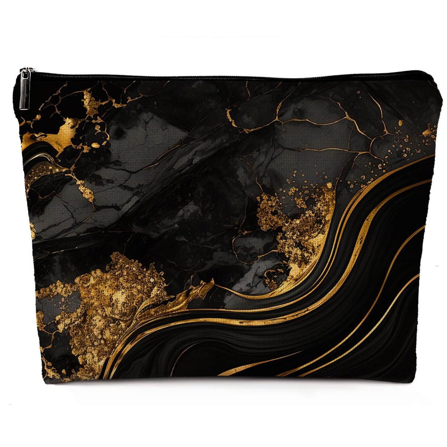 Marble Makeup Bag, Black Golden Marble Makeup Bag for Purse, Black Marble Cos...