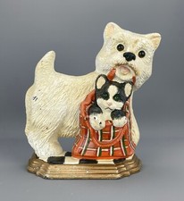 Vtg CAST IRON WESTIE West Scotland Terrier CARRYING KITTEN in BAG DOORSTOP - 2Kg