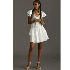 NWT Anthropologie Love The Label Ruffled Mini Dress DEEP-V  $248 MEDIUM White