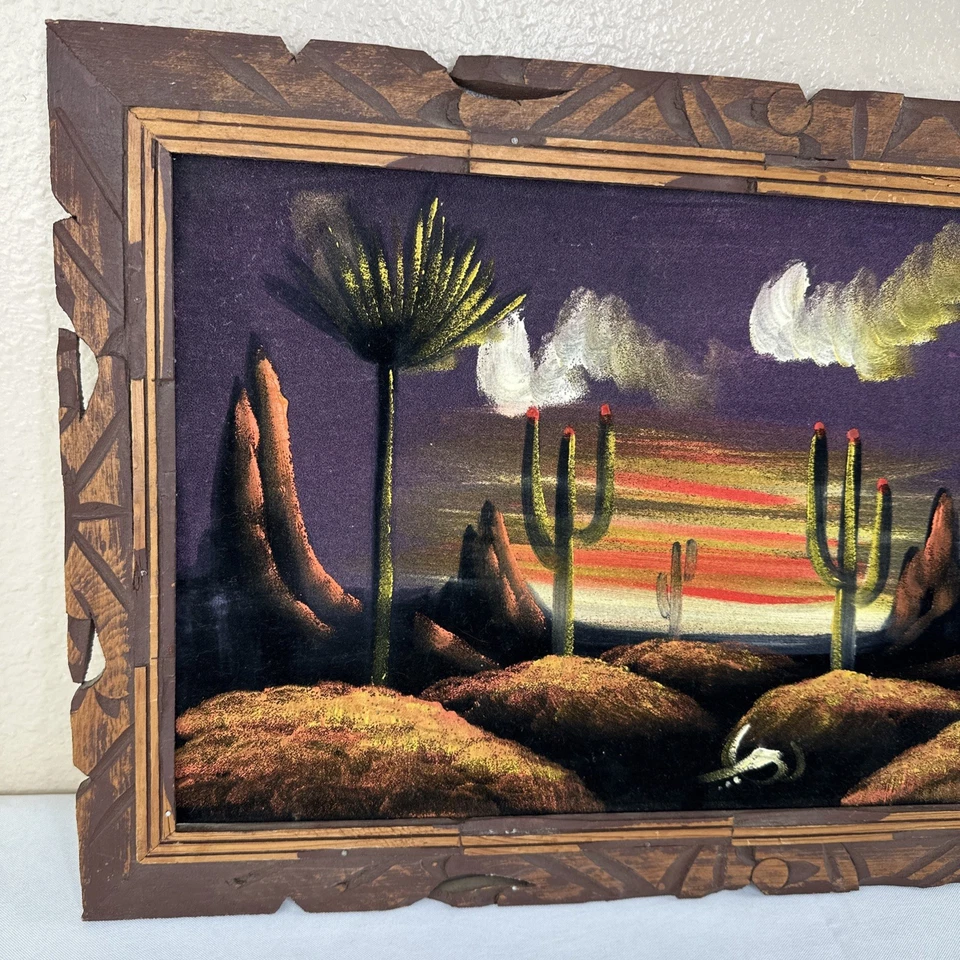 Vtg Desert Sunset Black Velvet Painting Cactus Mountains Skull Carved Wood Frame - Image 4 of 4