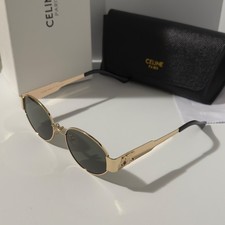 Celine CL40235U 30N Triomphe Metal Oval Sunglasses Gold Green Lens Black Arm