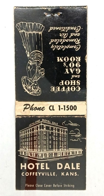 Vintage matchbook cover for the Hotel Dale in Coffeyville, Kansas FREE SHIPPING