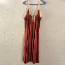 Vtg KAYSER Made USA Rust Orange Beige Lace Nightgown Dress Boho Tie Slip Large