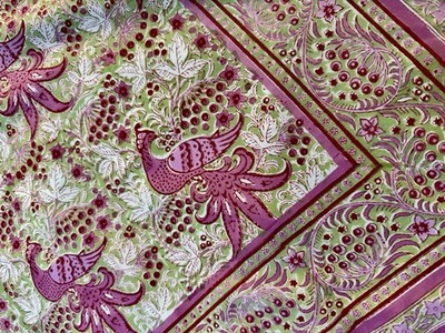 Vintage Anokhi Jaipur Hand-block Raspberry/Lime Birds Floral Bed Or Table Cover