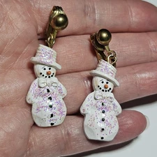 Vintage Gold Tone Dangling Sparkly Snowman Clip On Earrings