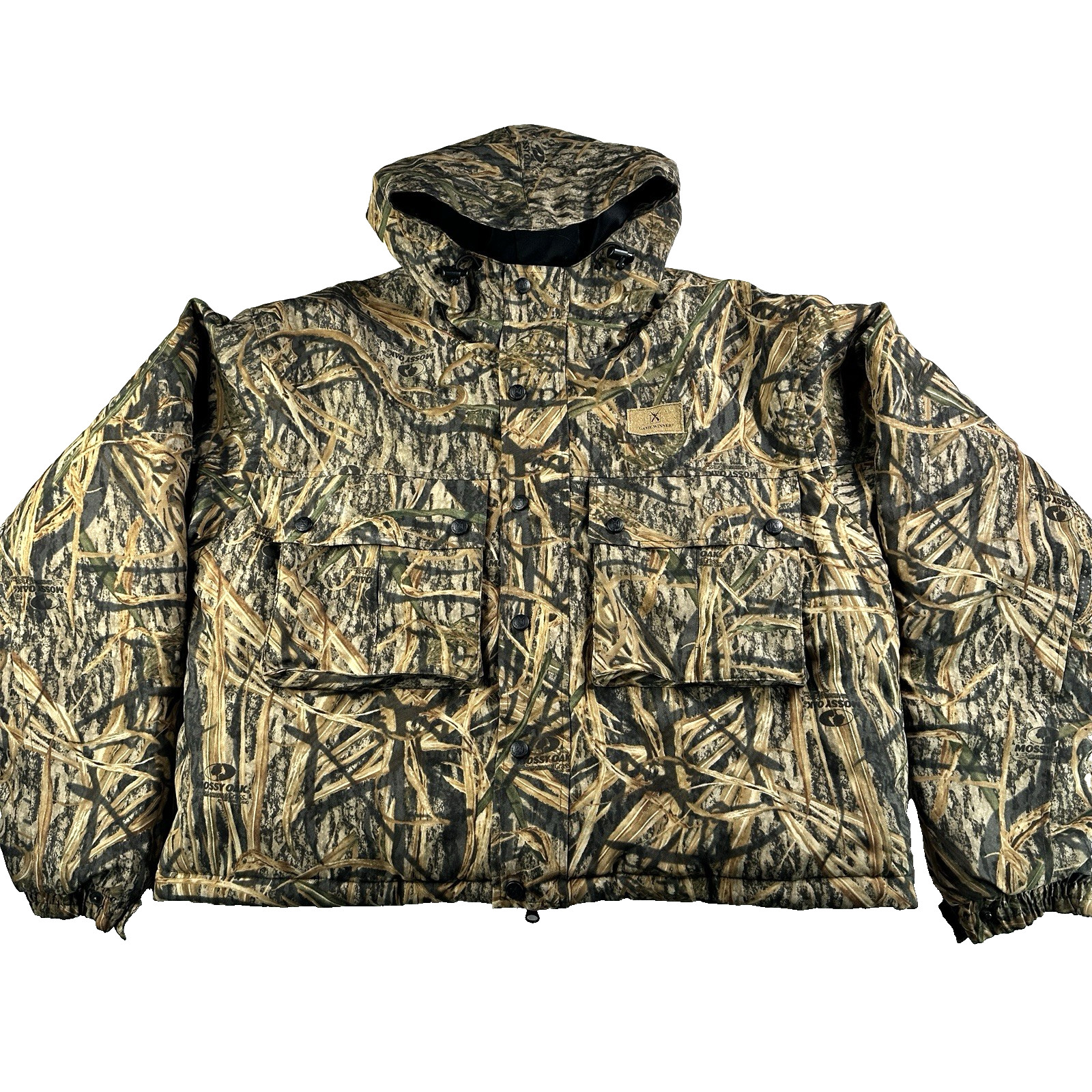 VTG Mens Game Winner Camo Puff Jacket Size Large Hunting Hooded Full Zip Outdoor