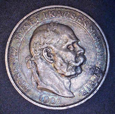 HUNGARY 1907 Ann. CORONATION 5 KORONA SILVER COIN  ASW 0.6945 oz