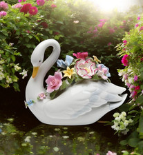 Ceramic Swan with Flowers Music Box Playing "Swan Lake", Gift for Her, Gift for