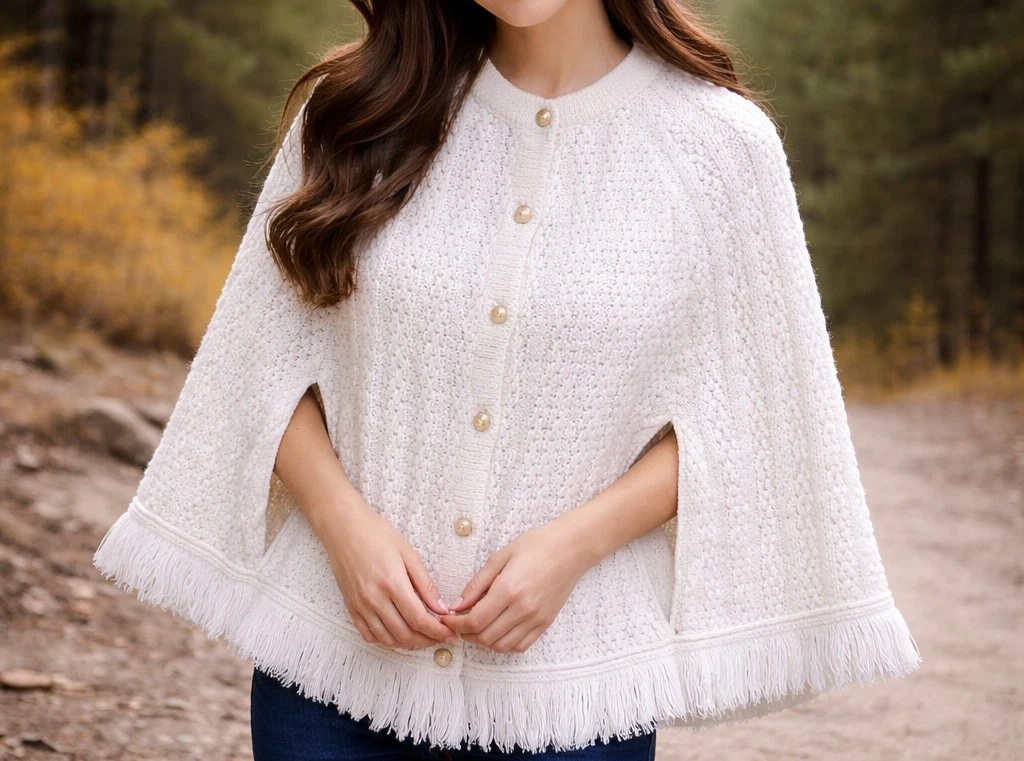 Women's Sweater Knit Shawl Shrug Poncho White ( Sz maybe a Medium or Larege )