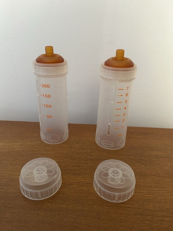 2 Vintage Playtex 1980’s Bottles Print Lid, Rings, Flat Nipples