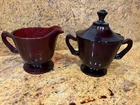 Vintage Ruby Red Cream & Sugar Bowl Pressed Glass Starburst Base Anchor Hocking