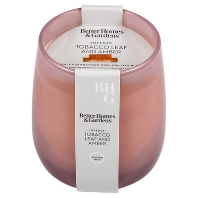 Better Homes Gardens Tobacco Leaf Amber Candle 14.5oz Wood Wick Pink Jar