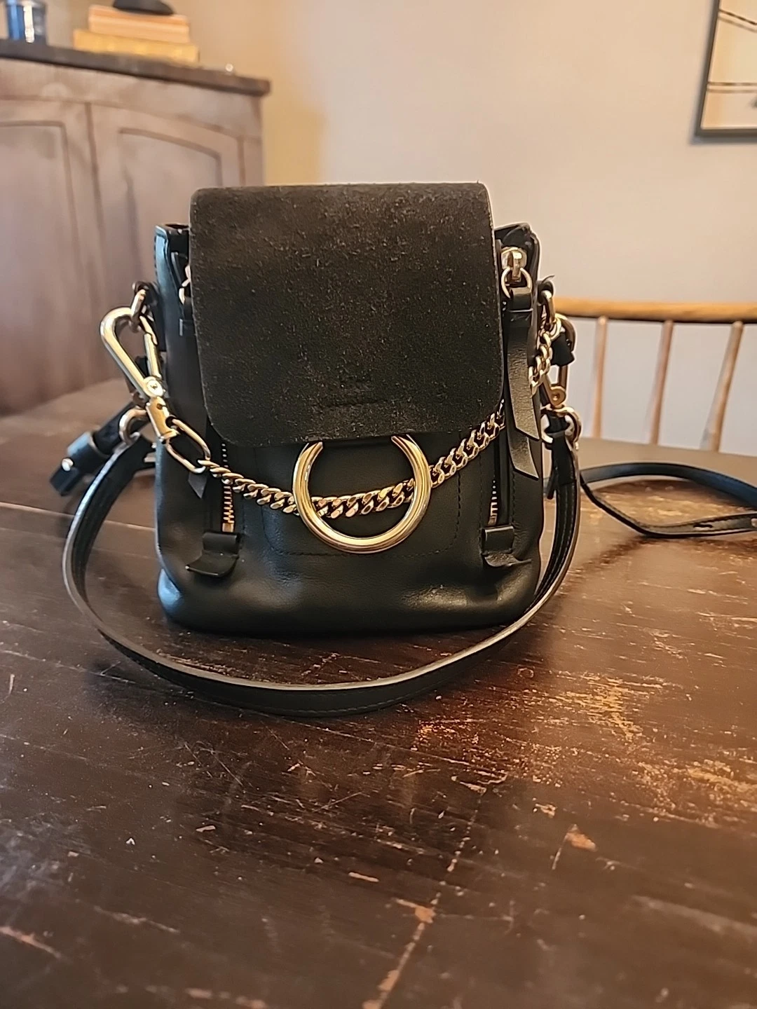 Chloe — CHLOE FAYE Black Leather & Suede Mini   Backpack Purse, Convertible Adjustable