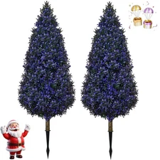 Set of 2 Artificial Topiary Trees 3.3FT, Purple & Green Faux Cypress with Sta...