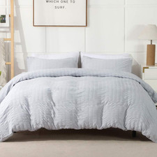 Seersucker Duvet Cover Set Oversized King Size Light Grey 120 X 98 Inches , 3 P