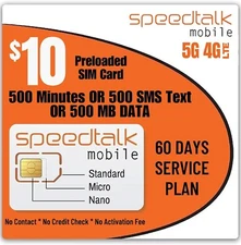 SpeedTalk Preloaded SIM Card Kit 2₵ Text Talk Data 5G 4G LTE 30 Days Phone Plan