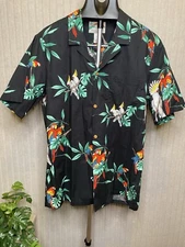 Paradise Found Vintage Shirt Men's Large Black Jungle Parrot Cockatoo Hawaiian